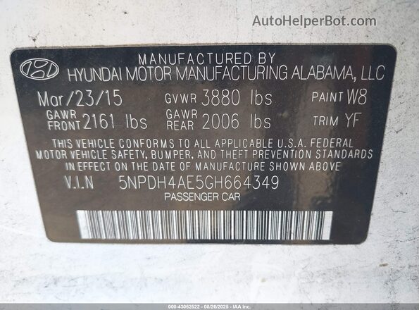 5NPDH4AE5GH664349 2016 HYUNDAI ELANTRA White Vista del compartimento del motor