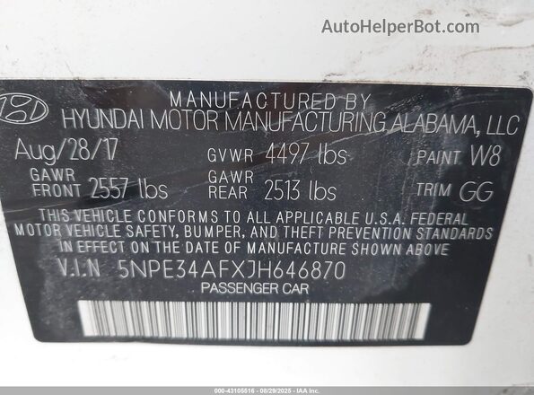 5NPE34AFXJH646870 2018 HYUNDAI SONATA White 