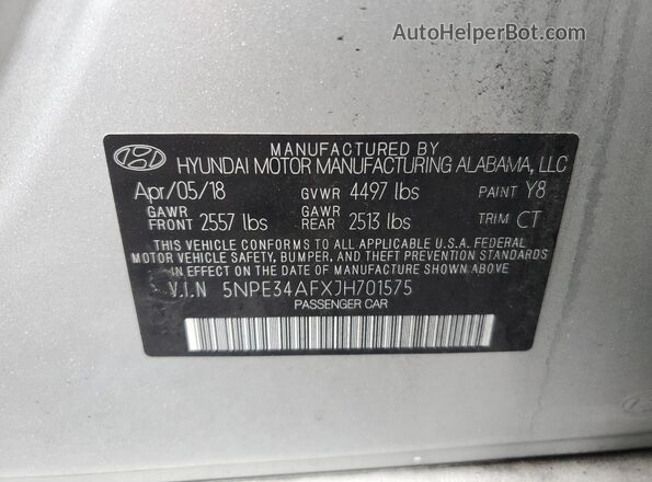 5NPE34AFXJH701575 2018 HYUNDAI SONATA Серебряный 