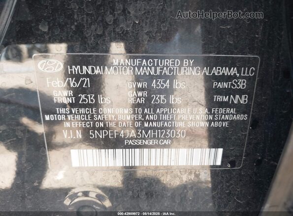 5NPEF4JA3MH123030 2021 HYUNDAI SONATA Black ძრავის განყოფილების ხედი