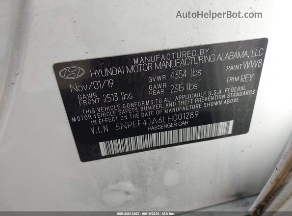 5NPEF4JA6LH001289 2020 HYUNDAI SONATA White Widok komory silnika
