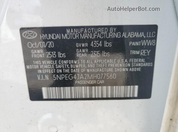 5NPEG4JA2MH077560 2021 HYUNDAI SONATA White VIN կոդի պիտակի տեսք