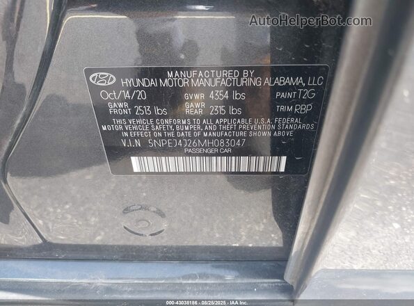 5NPEJ4J26MH083047 2021 HYUNDAI SONATA Gray 