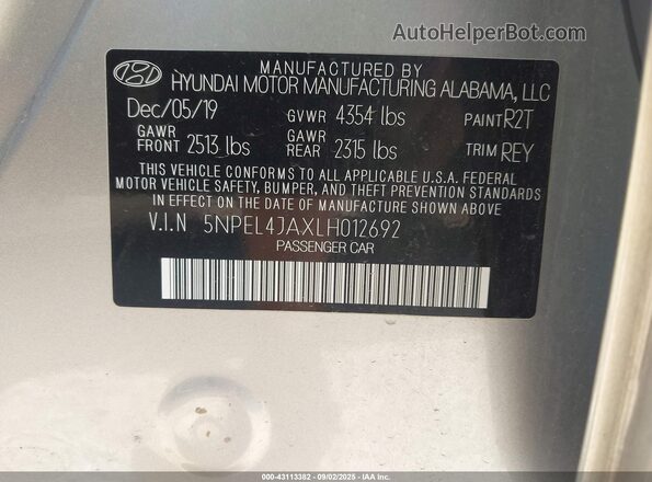 5NPEL4JAXLH012692 2020 HYUNDAI SONATA Серебряный Вид подкапотного пространства