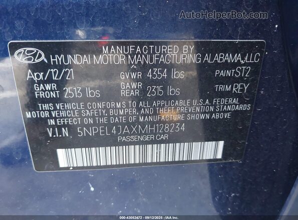5NPEL4JAXMH128234 2021 HYUNDAI SONATA Blue Շարժիչի բաժամունքի տեսք