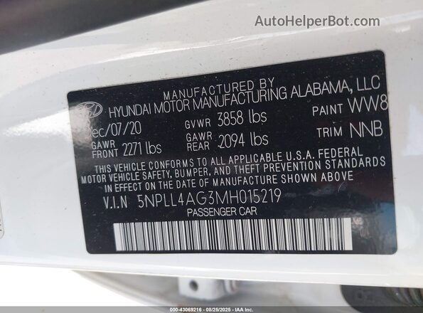 5NPLL4AG3MH015219 2021 HYUNDAI ELANTRA White Շարժիչի բաժամունքի տեսք