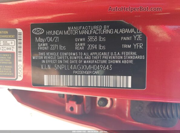 5NPLL4AGXMH049643 2021 HYUNDAI ELANTRA Red Widok komory silnika