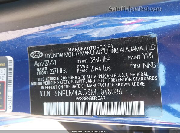 5NPLM4AG3MH048086 2021 HYUNDAI ELANTRA Blue ძრავის განყოფილების ხედი
