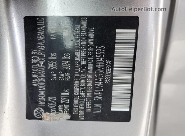 5NPLM4AG5MH045593 2021 HYUNDAI ELANTRA Silver Engine compartment view