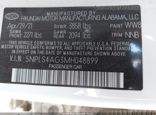 5NPLS4AG3MH048899 2021 HYUNDAI ELANTRA White Widok komory silnika