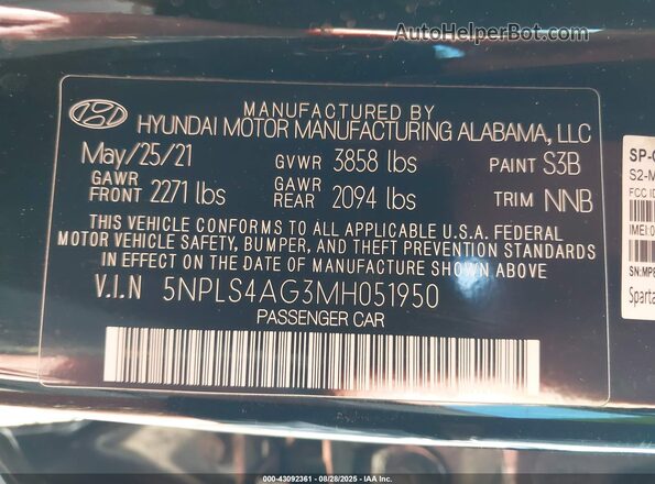 5NPLS4AG3MH051950 2021 HYUNDAI ELANTRA Black Շարժիչի բաժամունքի տեսք