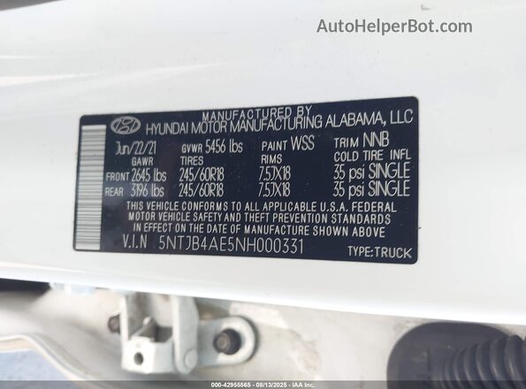 5NTJB4AE5NH000331 2022 HYUNDAI SANTA CRUZ White Vista del compartimento del motor