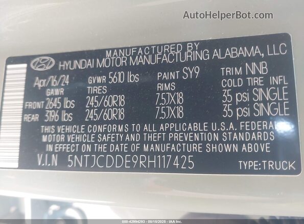 5NTJCDDE9RH117425 2024 HYUNDAI SANTA CRUZ Green Widok komory silnika