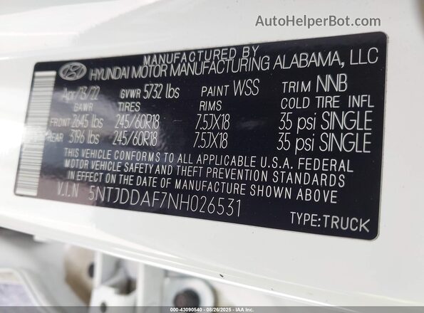 5NTJDDAF7NH026531 2022 HYUNDAI SANTA CRUZ White 