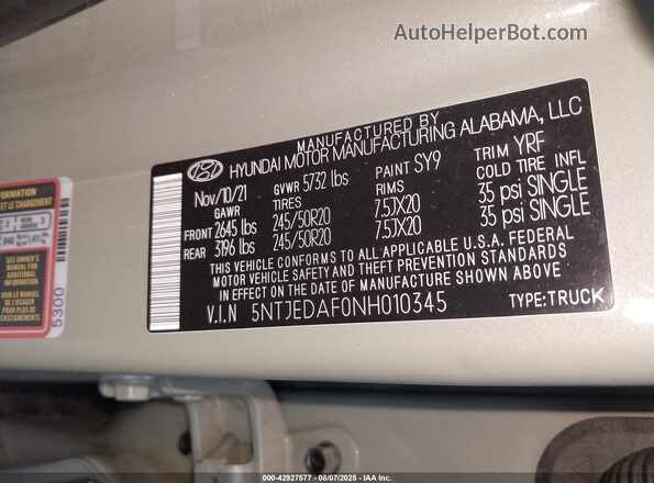5NTJEDAF0NH010345 2022 HYUNDAI SANTA CRUZ Green 