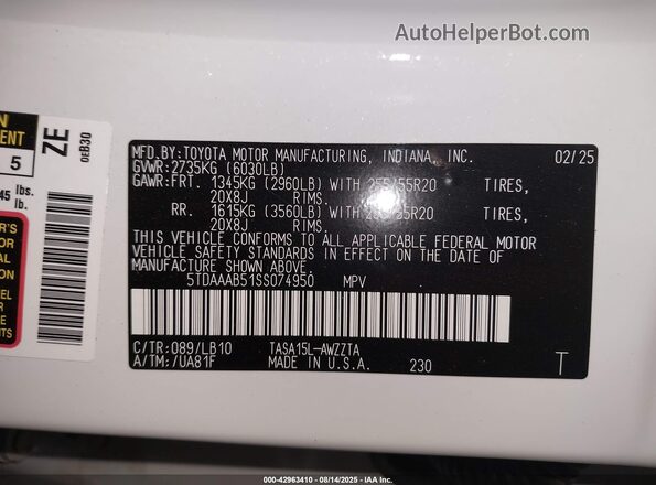 5TDAAAB51SS074950 2025 TOYOTA GRAND HIGHLANDER White Engine compartment view