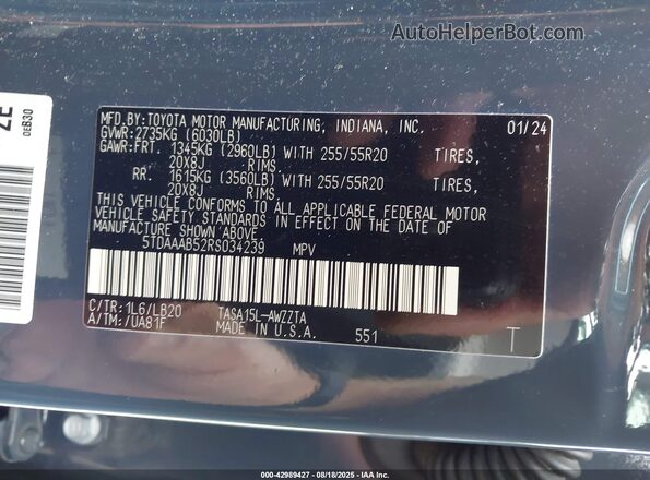 5TDAAAB52RS034239 2024 TOYOTA GRAND HIGHLANDER Gray Widok komory silnika