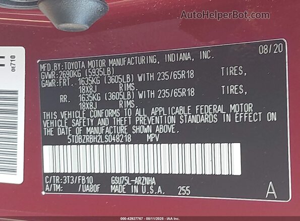 5TDBZRBH2LS048218 2020 TOYOTA LE Red Vista del compartimento del motor