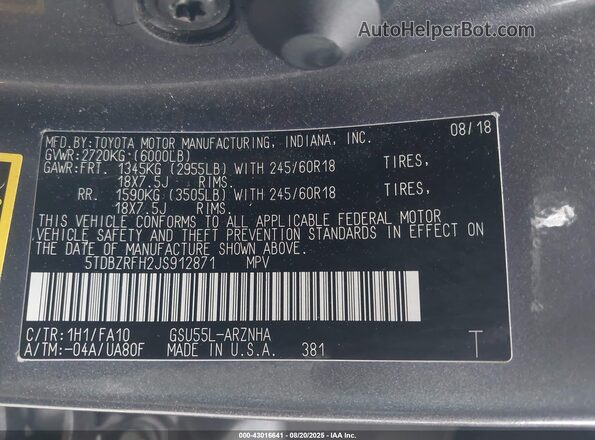 5TDBZRFH2JS912871 2018 TOYOTA LE Gray 