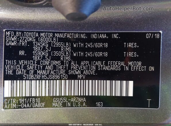 5TDBZRFH5JS896150 2018 TOYOTA LE Gray 