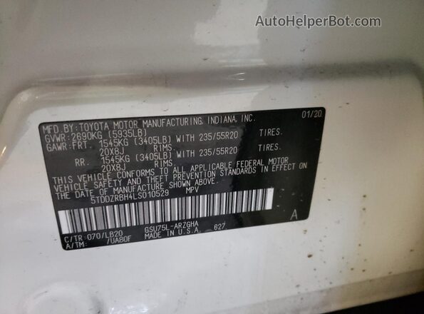 5TDDZRBH4LS010529 2020 TOYOTA LIMITED White VIN კოდის სტიკერის ხედი