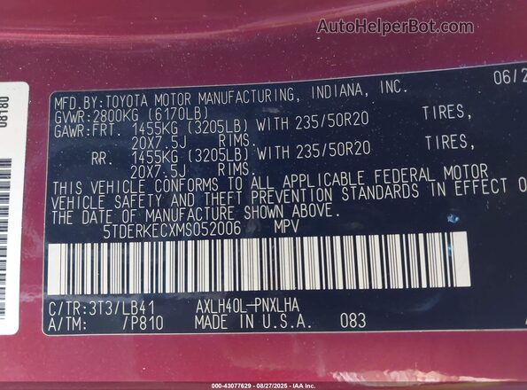 5TDERKECXMS052006 2021 TOYOTA SIENNA Red Շարժիչի բաժամունքի տեսք