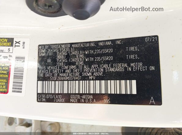5TDFZRAH6MS078407 2021 TOYOTA HIGHLANDER White Engine compartment view