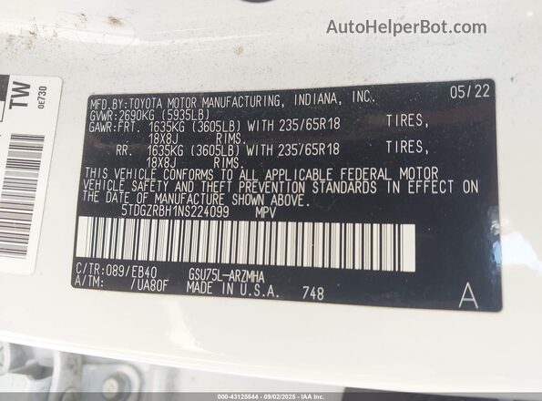 5TDGZRBH1NS224099 2022 TOYOTA LE White ძრავის განყოფილების ხედი