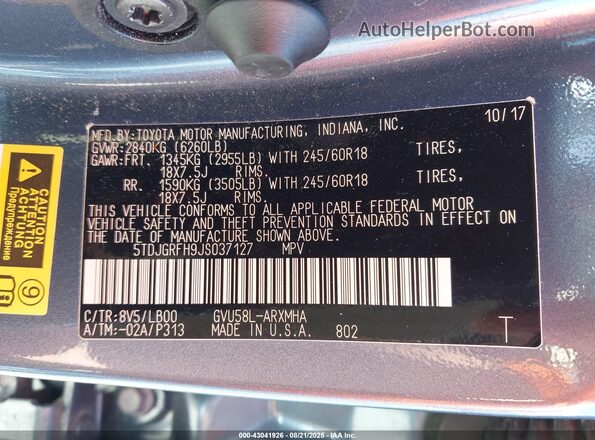 5TDJGRFH9JS037127 2018 TOYOTA LE Blue 