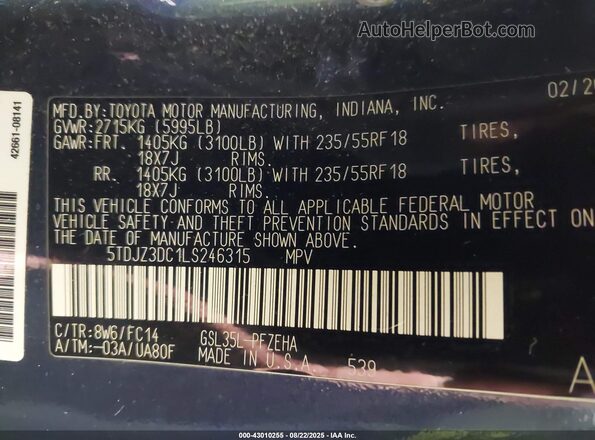 5TDJZ3DC1LS246315 2020 TOYOTA LE Blue Vista del compartimento del motor