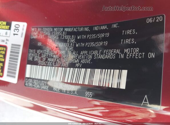 5TDXZ3DC1LS073065 2020 TOYOTA SIENNA Красный Вид подкапотного пространства