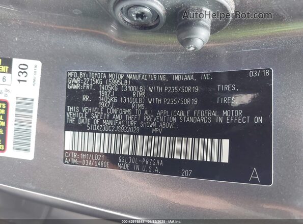 5TDXZ3DC2JS932029 2018 TOYOTA SIENNA Gray Вид підкапотного простору