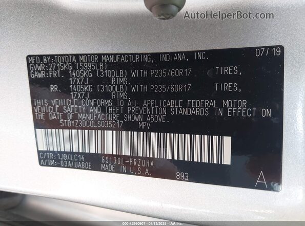 5TDYZ3DC0LS035217 2020 TOYOTA LE Gray ძრავის განყოფილების ხედი