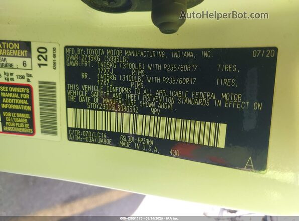 5TDYZ3DC6LS080582 2020 TOYOTA LE White Vista del compartimento del motor