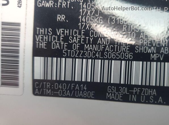5TDZZ3DC4LS065096 2020 TOYOTA SIENNA  Вид салона спереди