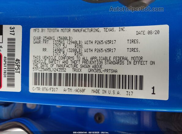 5TFCZ5AN5LX243552 2020 TOYOTA TACOMA 4WD Blue 