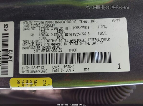 5TFEY5F10LX257120 2020 TOYOTA TUNDRA Gray ძრავის განყოფილების ხედი