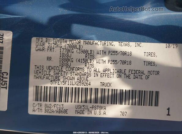 5TFEY5F11LX259264 2020 TOYOTA TUNDRA Blue Widok komory silnika