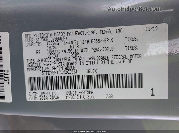 5TFEY5F17LX262931 2020 TOYOTA TUNDRA Gray Շարժիչի բաժամունքի տեսք