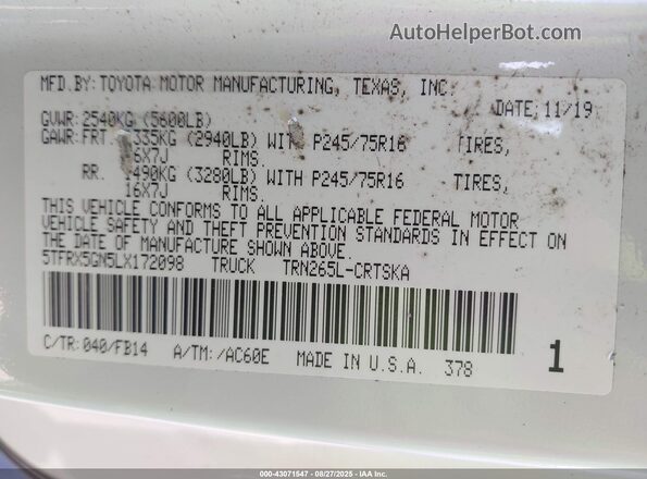 5TFRX5GN5LX172098 2020 TOYOTA TACOMA White Vista del compartimento del motor