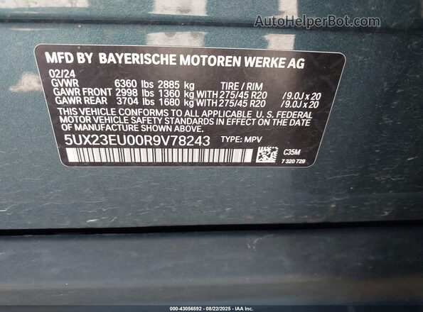 5UX23EU00R9V78243 2024 BMW X5 Teal Vista del compartimento del motor