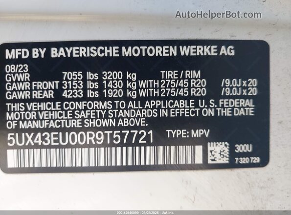 5UX43EU00R9T57721 2024 BMW X5 White Вид підкапотного простору