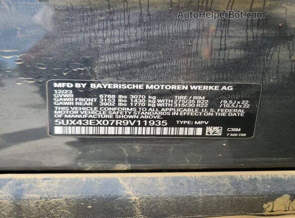 5UX43EX07R9V11935 2024 BMW X6 Black Widok naklejki z numerem VIN