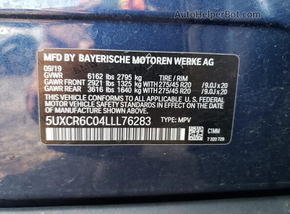 5UXCR6C04LLL76283 2020 BMW X5 Blue ძრავის განყოფილების ხედი