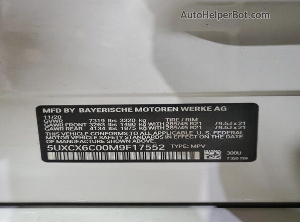 5UXCX6C00M9F17552 2021 BMW X7 White Widok naklejki z numerem VIN