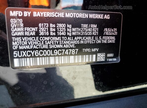 5UXCY6C00L9C74787 2020 BMW X6 Black Панорамний вид салону 360°