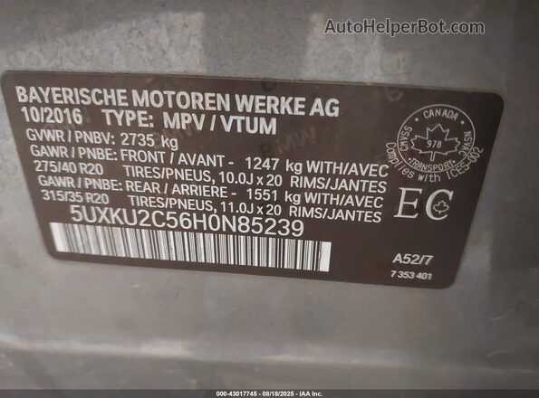 5UXKU2C56H0N85239 2017 BMW X6 Gray ძრავის განყოფილების ხედი