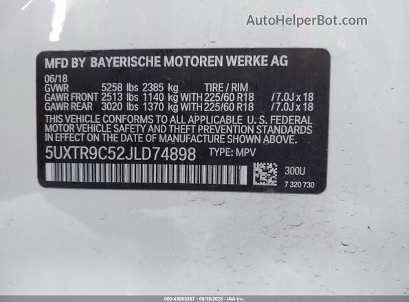 5UXTR9C52JLD74898 2018 BMW X3 White 