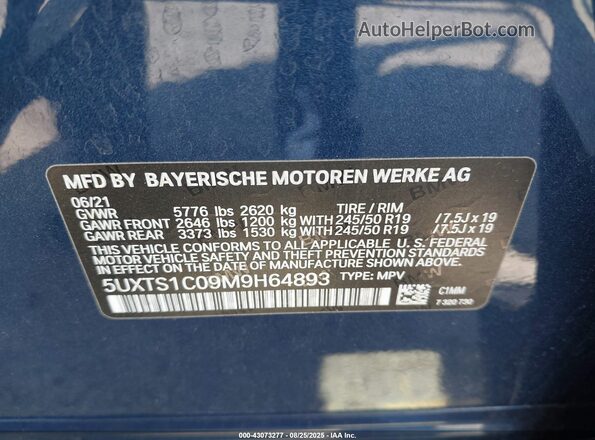 5UXTS1C09M9H64893 2021 BMW X3 Blue Widok komory silnika