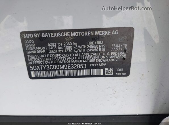 5UXTY3C00M9E32853 2021 BMW X3 White 